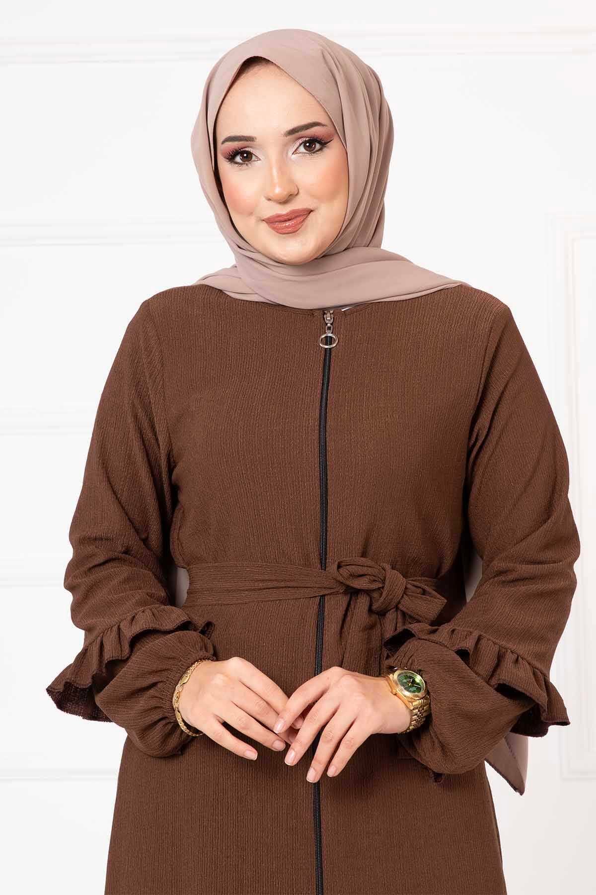 Fırfır Detaylı Ferace Kahve