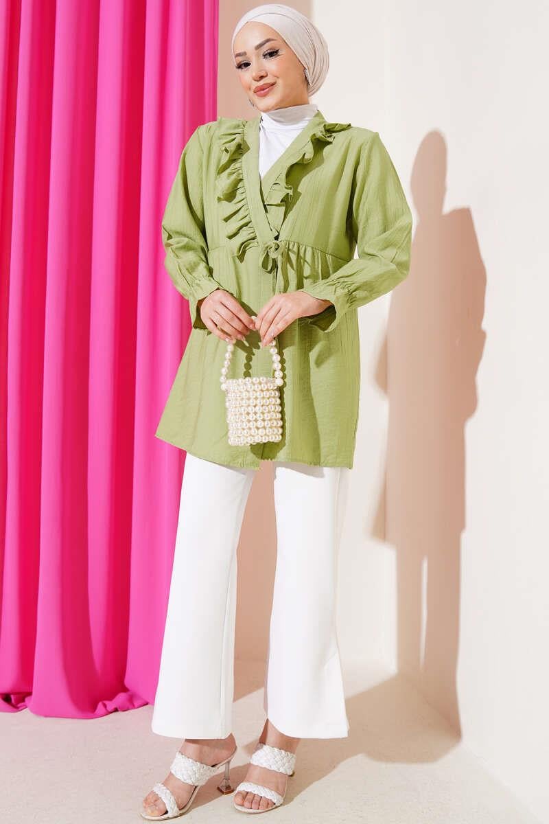 Fırfırlı Bileği Lastikli Kimono Çağla Yeşili