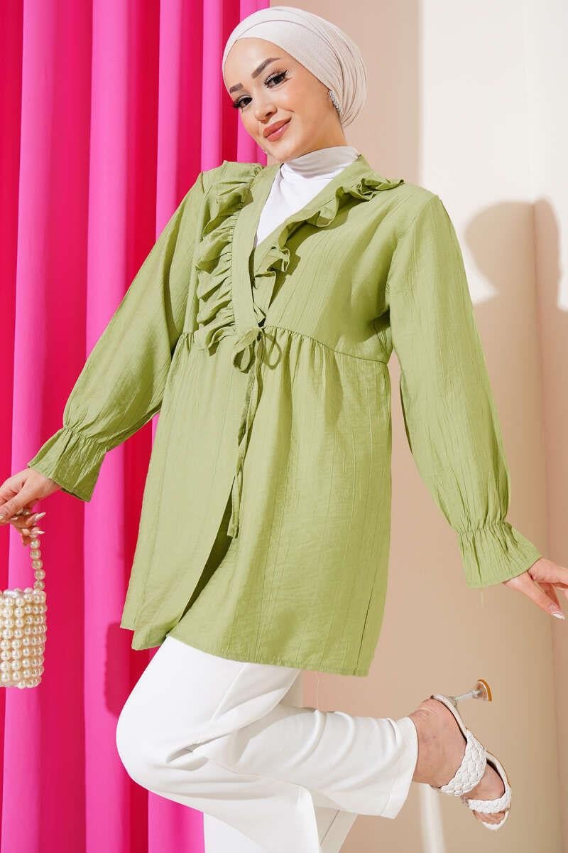 Fırfırlı Bileği Lastikli Kimono Çağla Yeşili