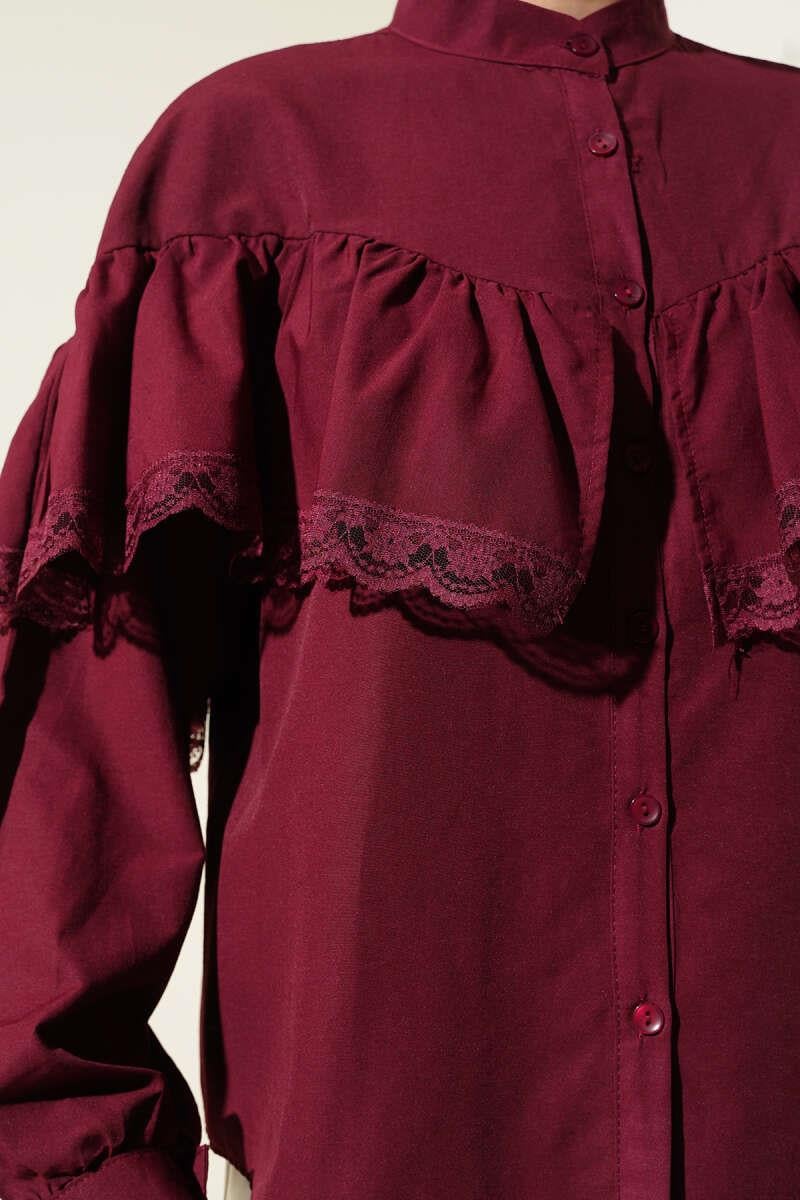Fırfırlı Dantelli Kısa Gömlek Bordo
