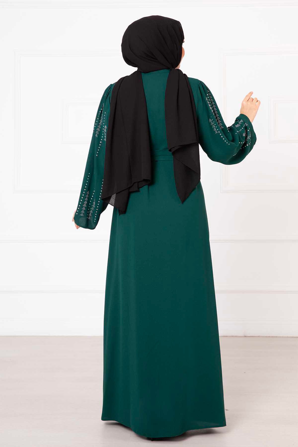 Gizli Düğmeli Taş Dizayn Abaya Zümrüt
