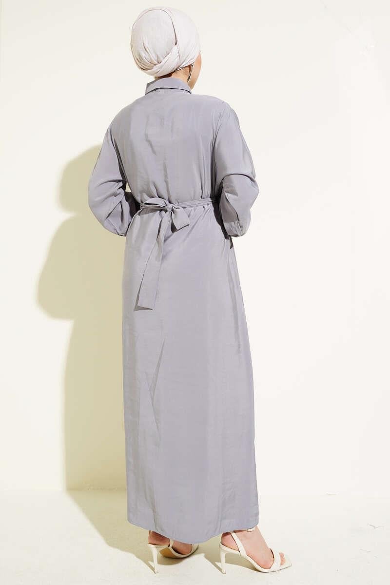 Göğüs Parçalı Kuşaklı Tencel Elbise Gri