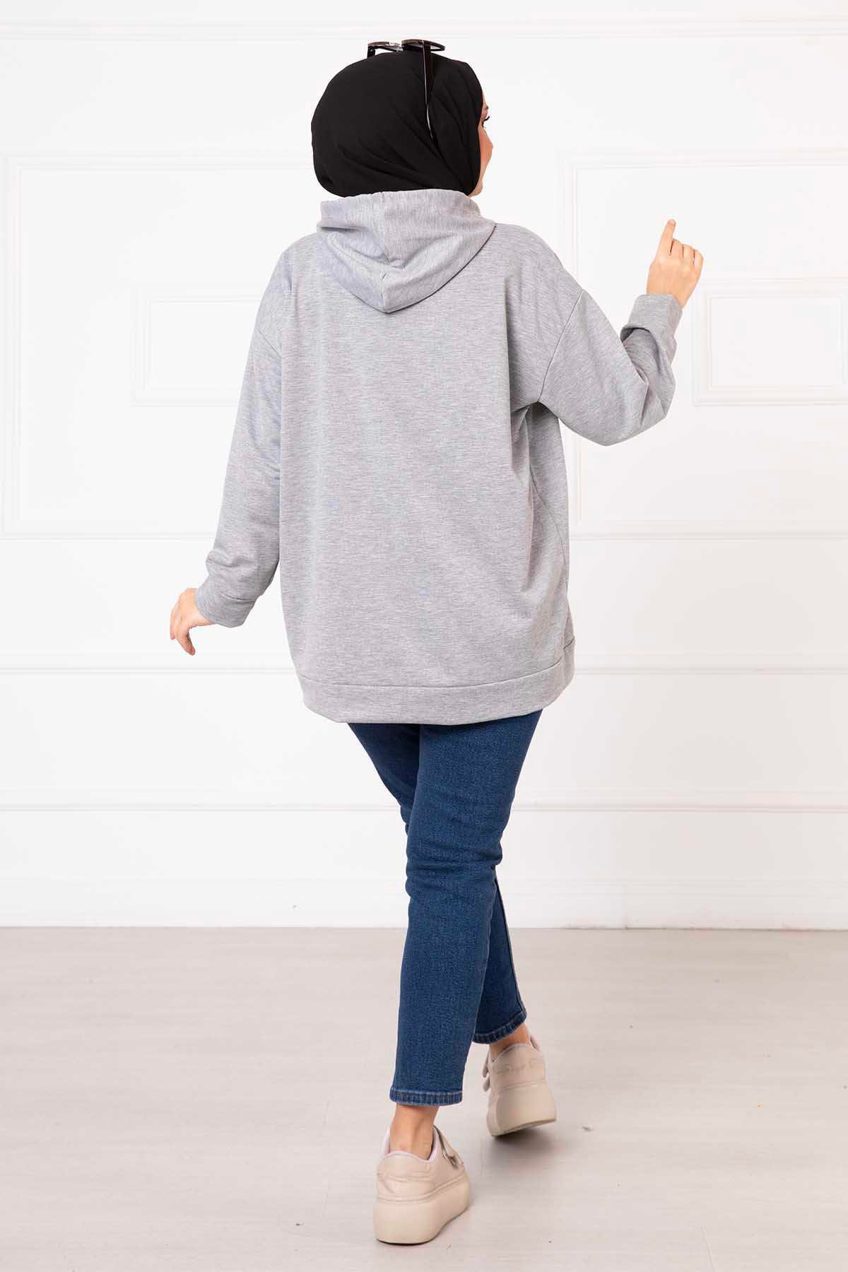 Kanguru Cepli Tesettür Sweatshirt Gri