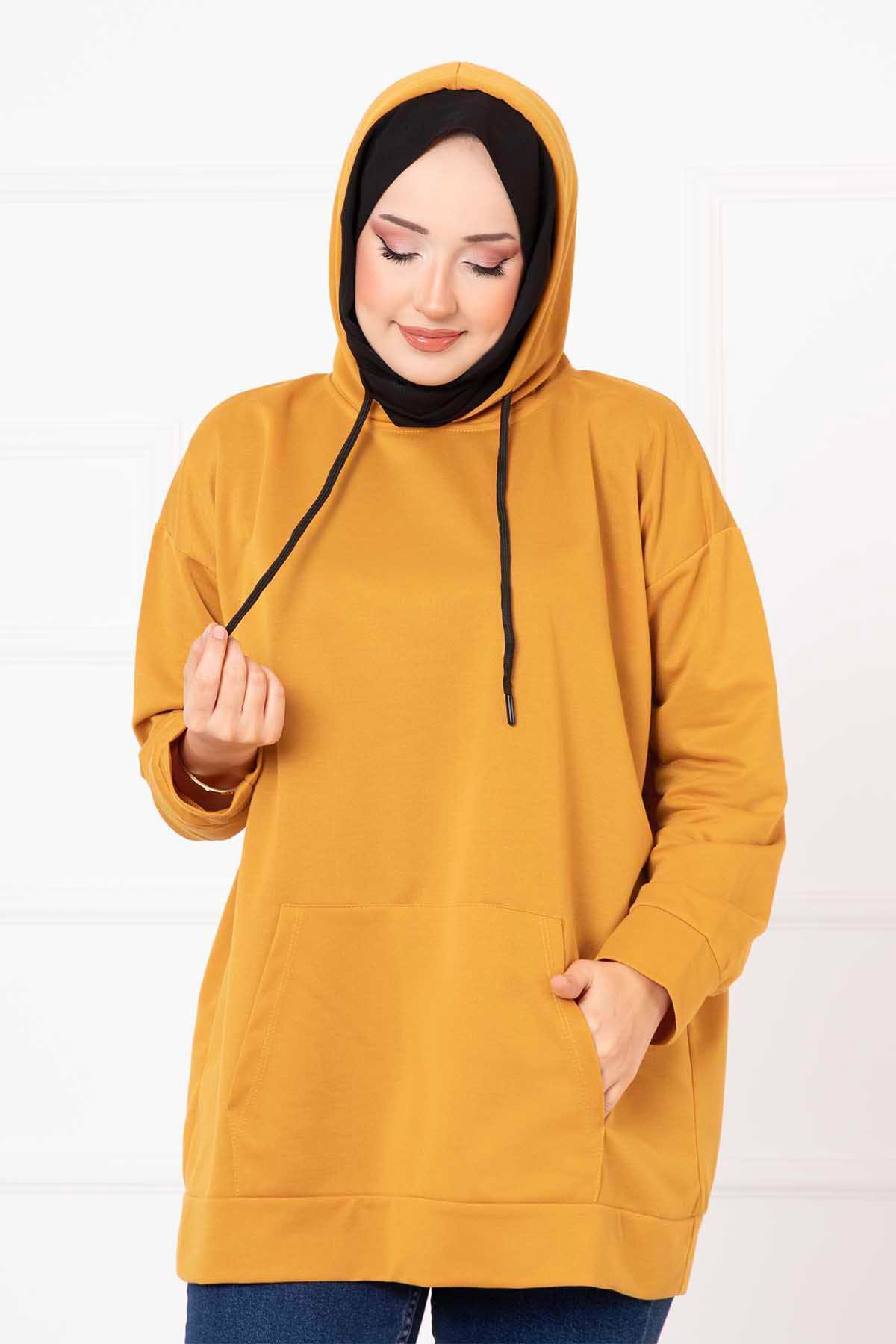Kanguru Cepli Tesettür Sweatshirt Hardal
