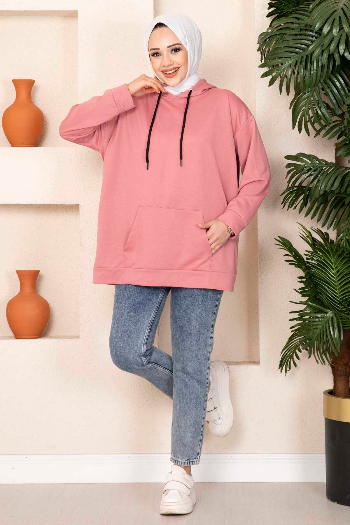 Kanguru Cepli Tesettür Sweatshirt Pudra