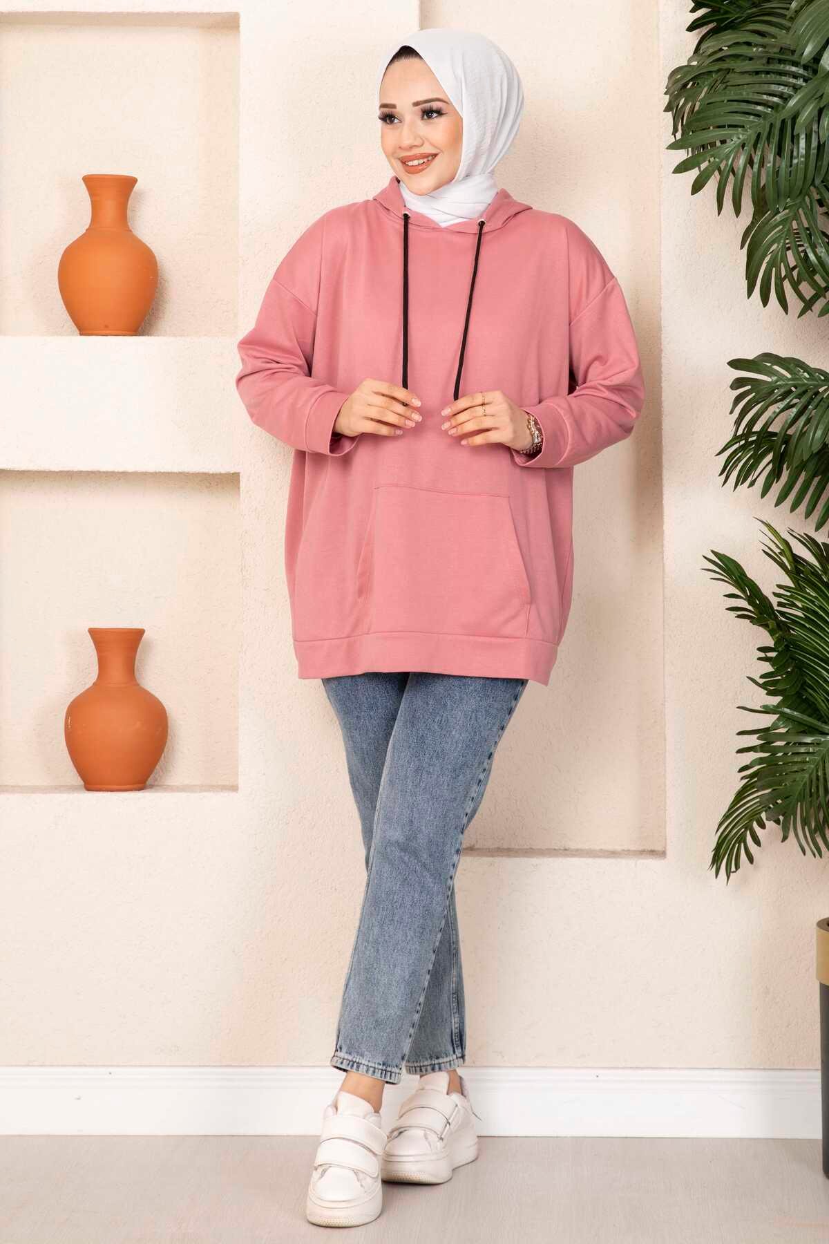 Kanguru Cepli Tesettür Sweatshirt Pudra
