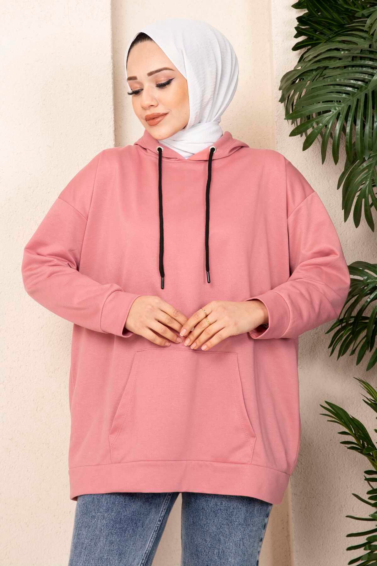 Kanguru Cepli Tesettür Sweatshirt Pudra