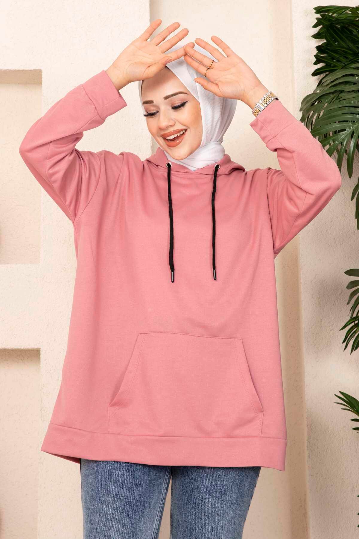 Kanguru Cepli Tesettür Sweatshirt Pudra