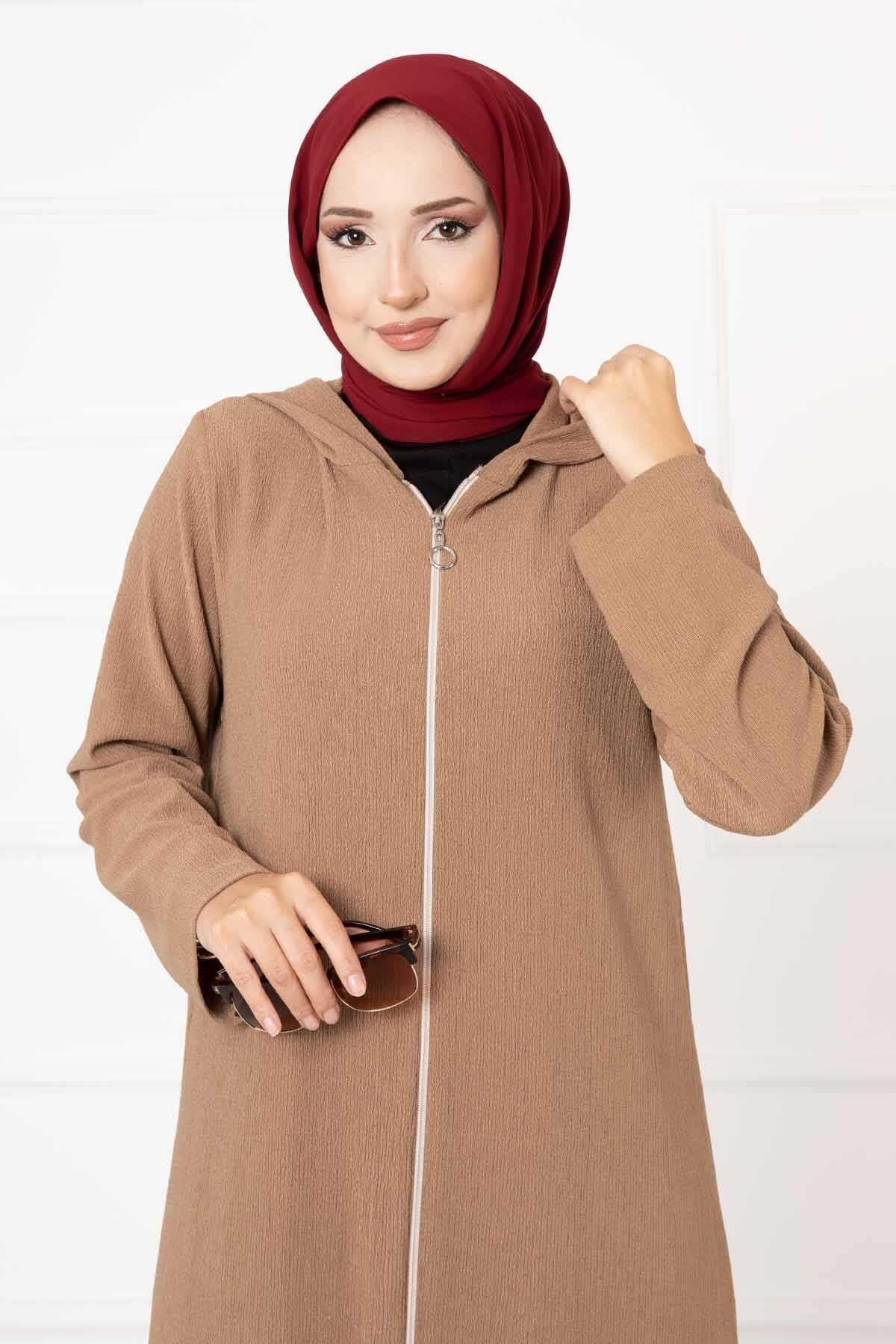Kapüşonlu Fermuarlı Ferace Camel