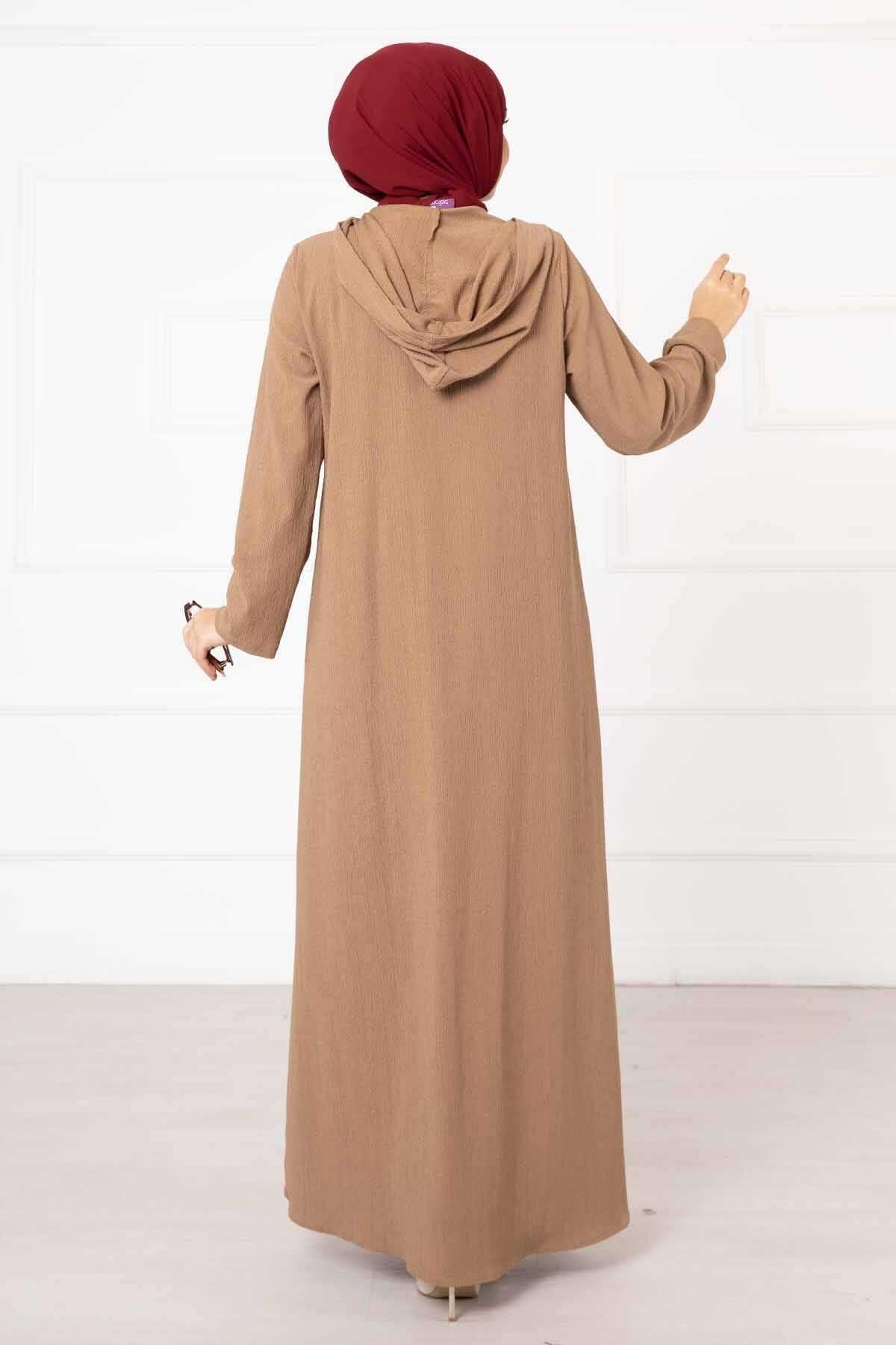 Kapüşonlu Fermuarlı Ferace Camel
