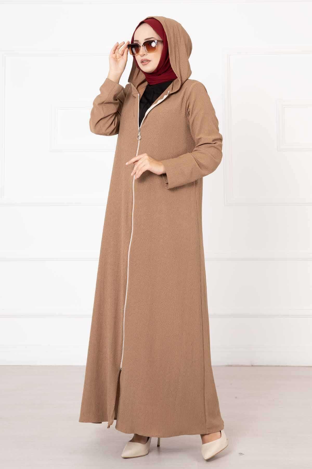Kapüşonlu Fermuarlı Ferace Camel