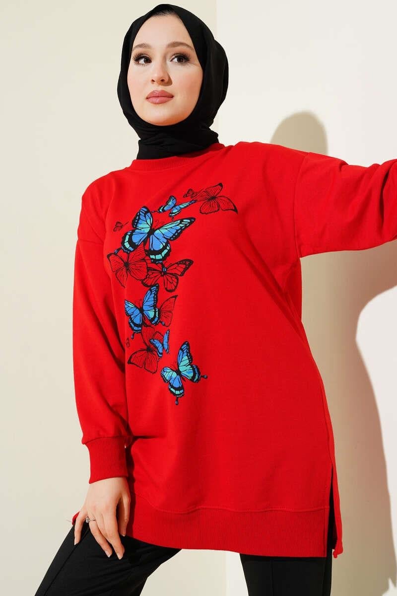 Kelebek Baskılı İki İplik Tunik Kırmızı