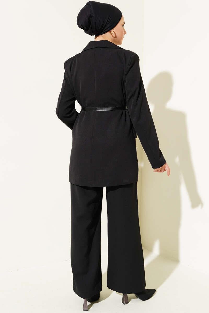 Kemerli Blazer Ceketli İkili Takım Siyah
