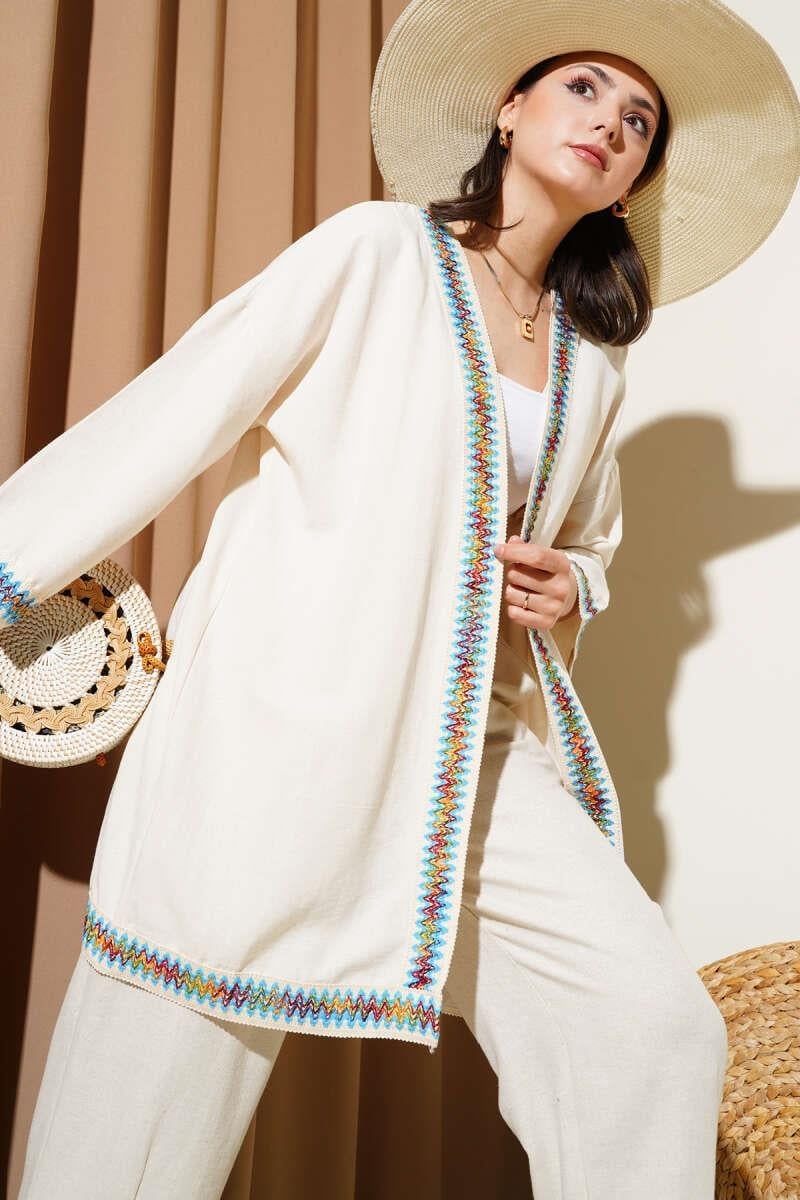 Kenar Nakışlı Keten Kimono Bej
