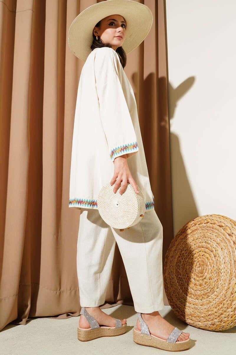 Kenar Nakışlı Keten Kimono Bej