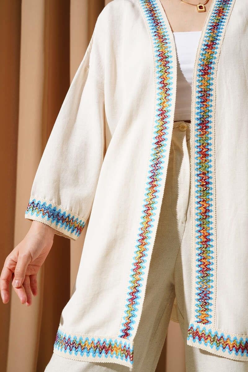 Kenar Nakışlı Keten Kimono Bej