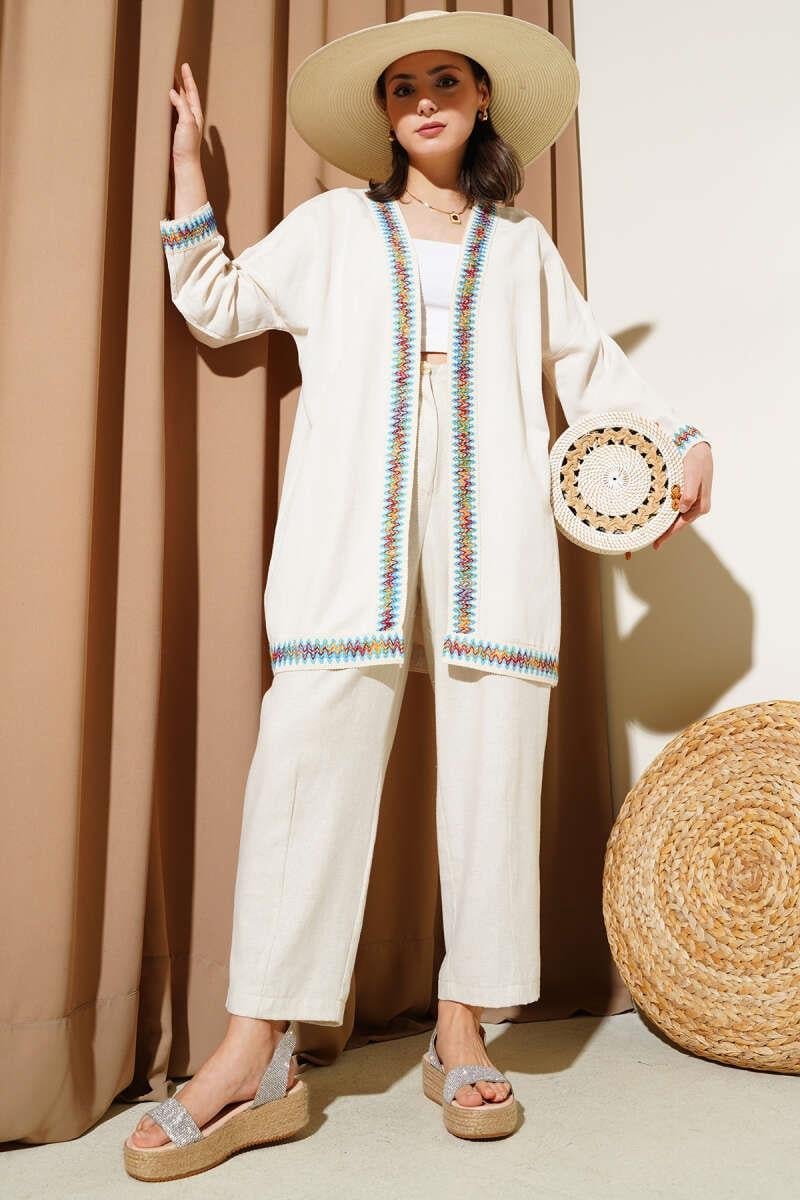 Kenar Nakışlı Keten Kimono Bej