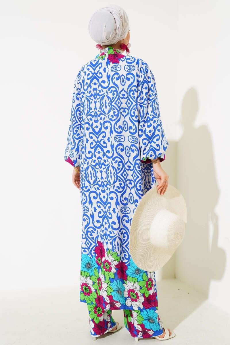 Kol Lastikli Salaş Kimono Takım Saks