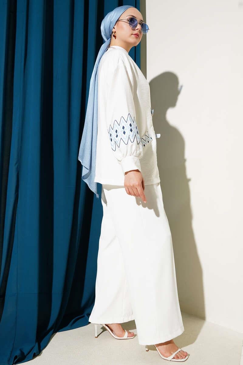Kol Nakışlı Çift Kemerli Kimono Ekru