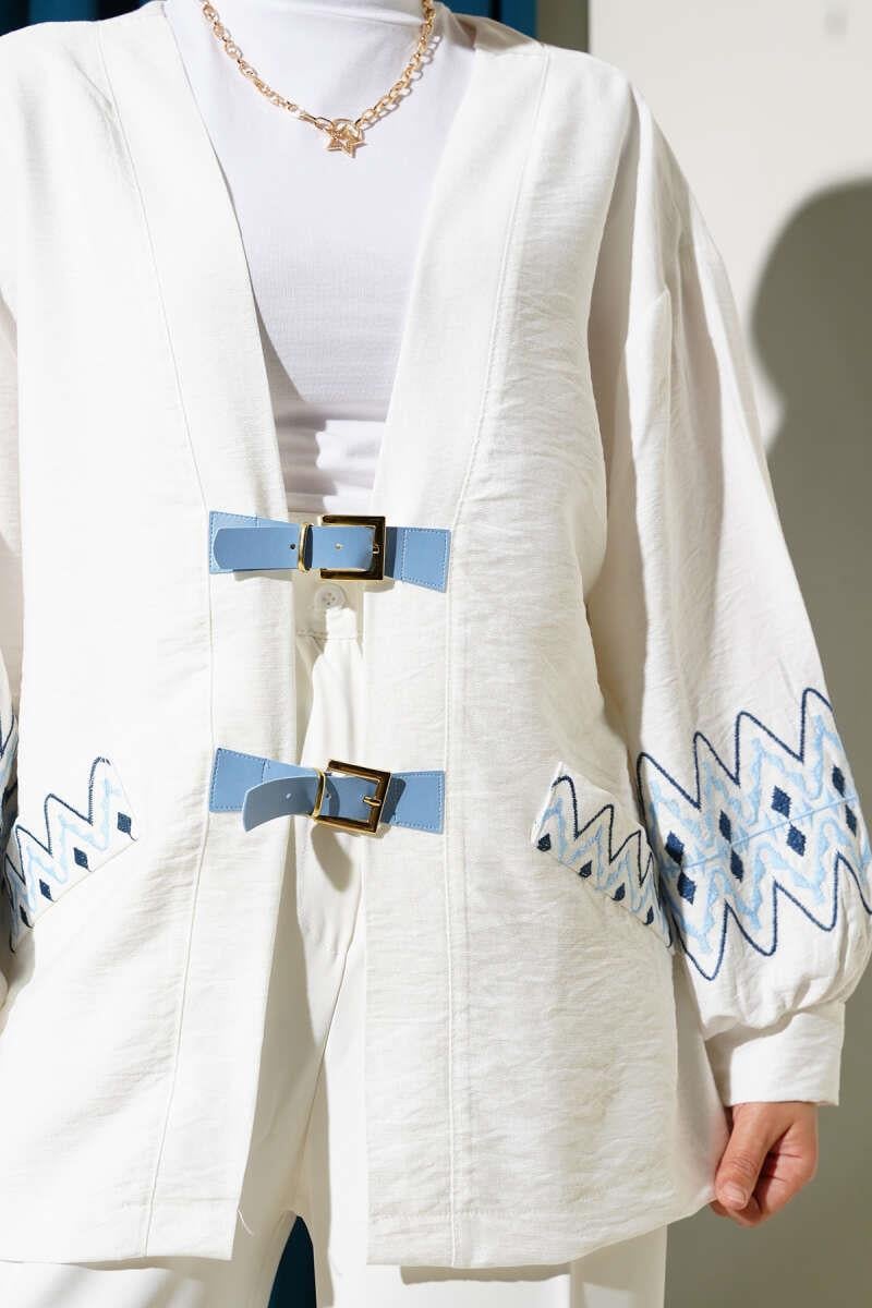Kol Nakışlı Çift Kemerli Kimono Ekru
