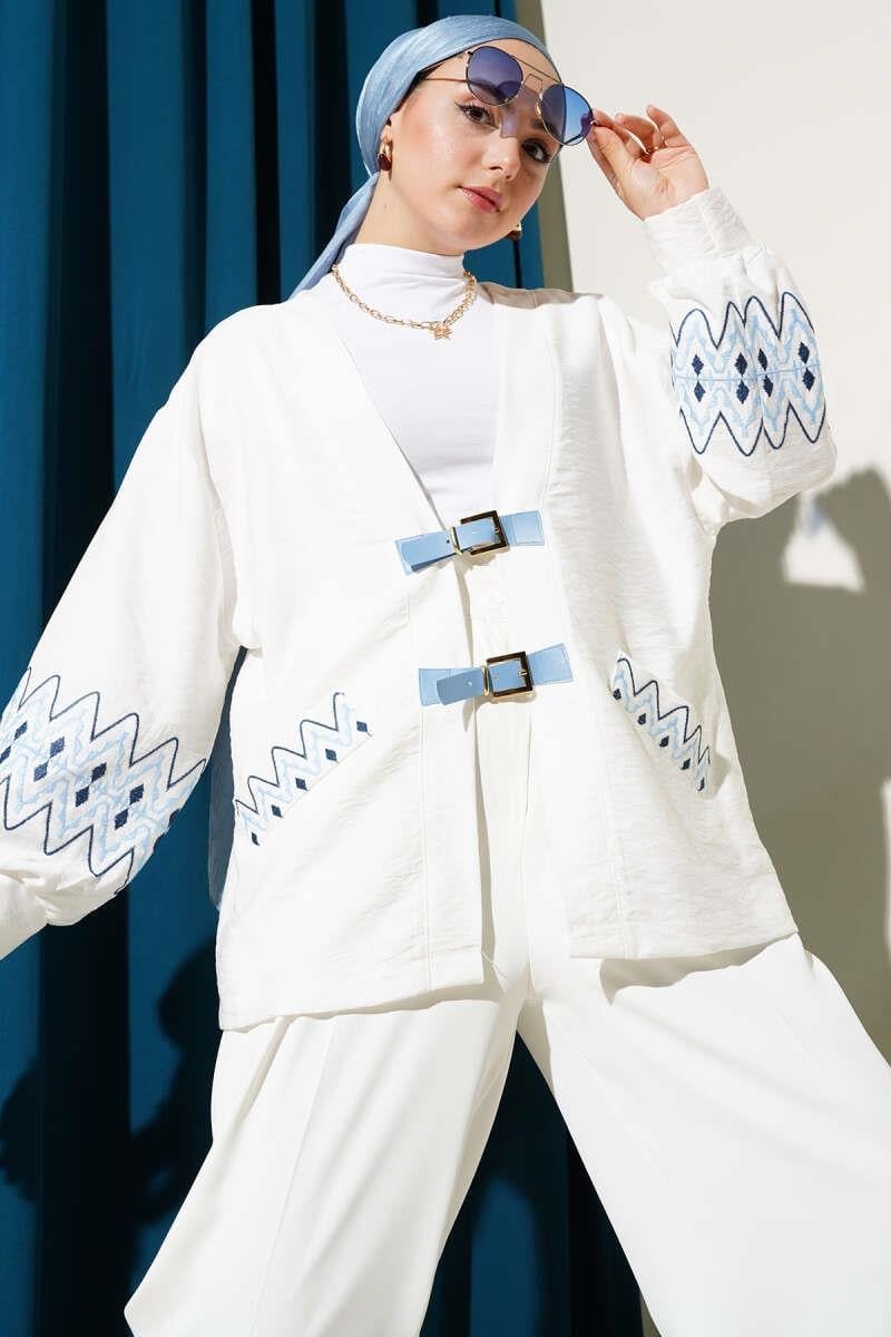 Kol Nakışlı Çift Kemerli Kimono Ekru