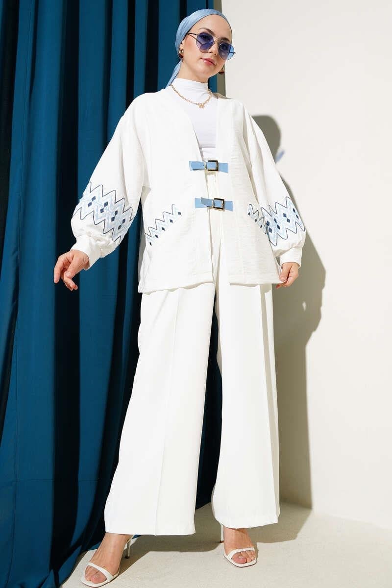 Kol Nakışlı Çift Kemerli Kimono Ekru