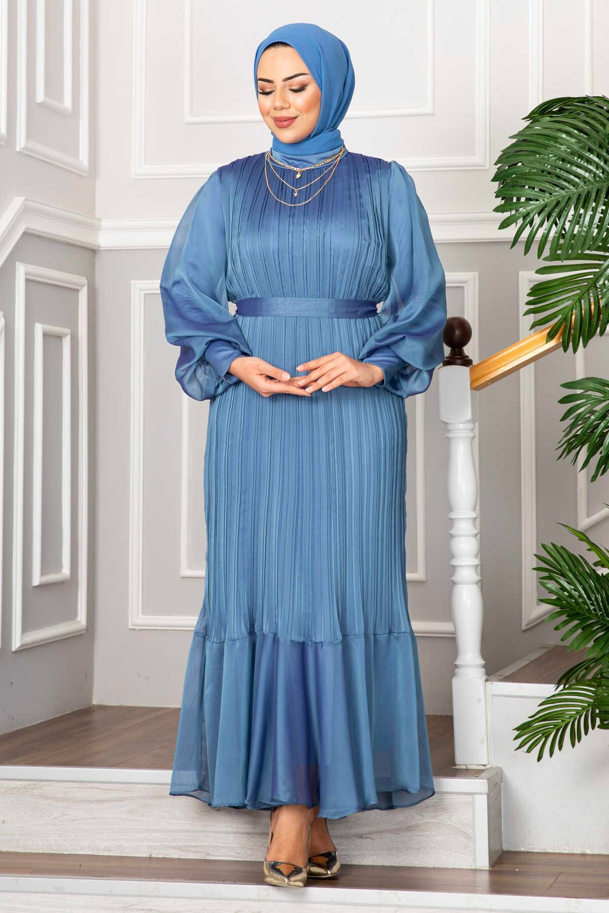 Kolları Organze Tesettür Abiye İndigo