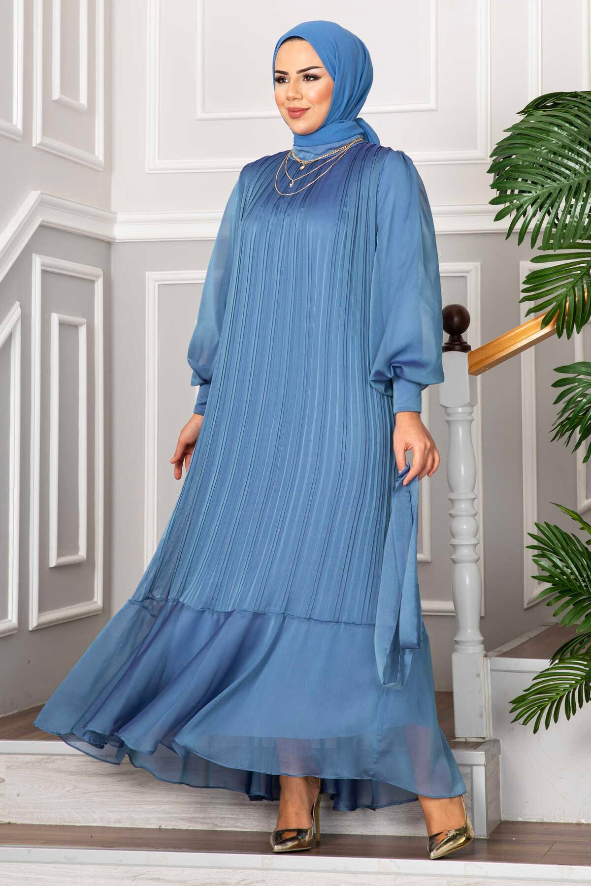 Kolları Organze Tesettür Abiye İndigo