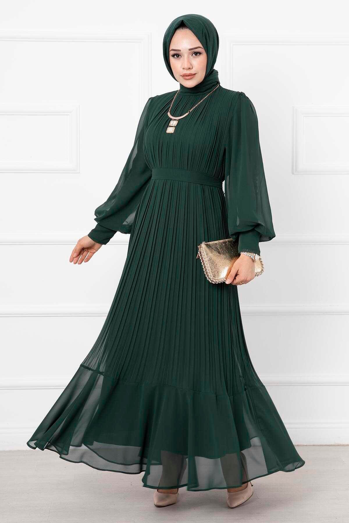 Kolları Organze Tesettür Abiye Zümrüt