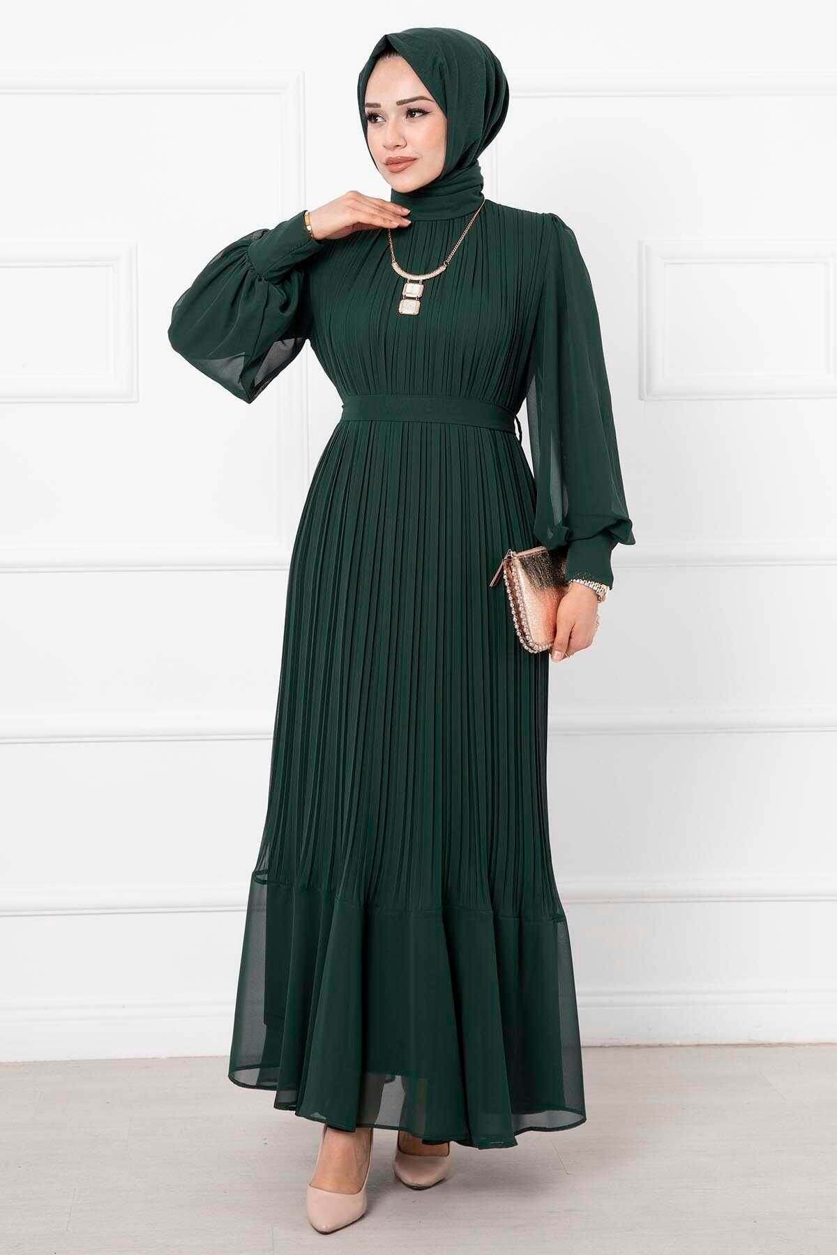 Kolları Organze Tesettür Abiye Zümrüt