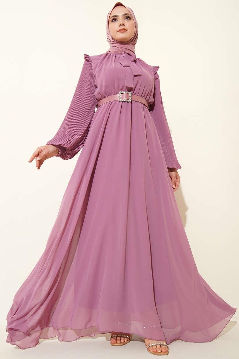 Kolları Piliseli Elbise Magenta