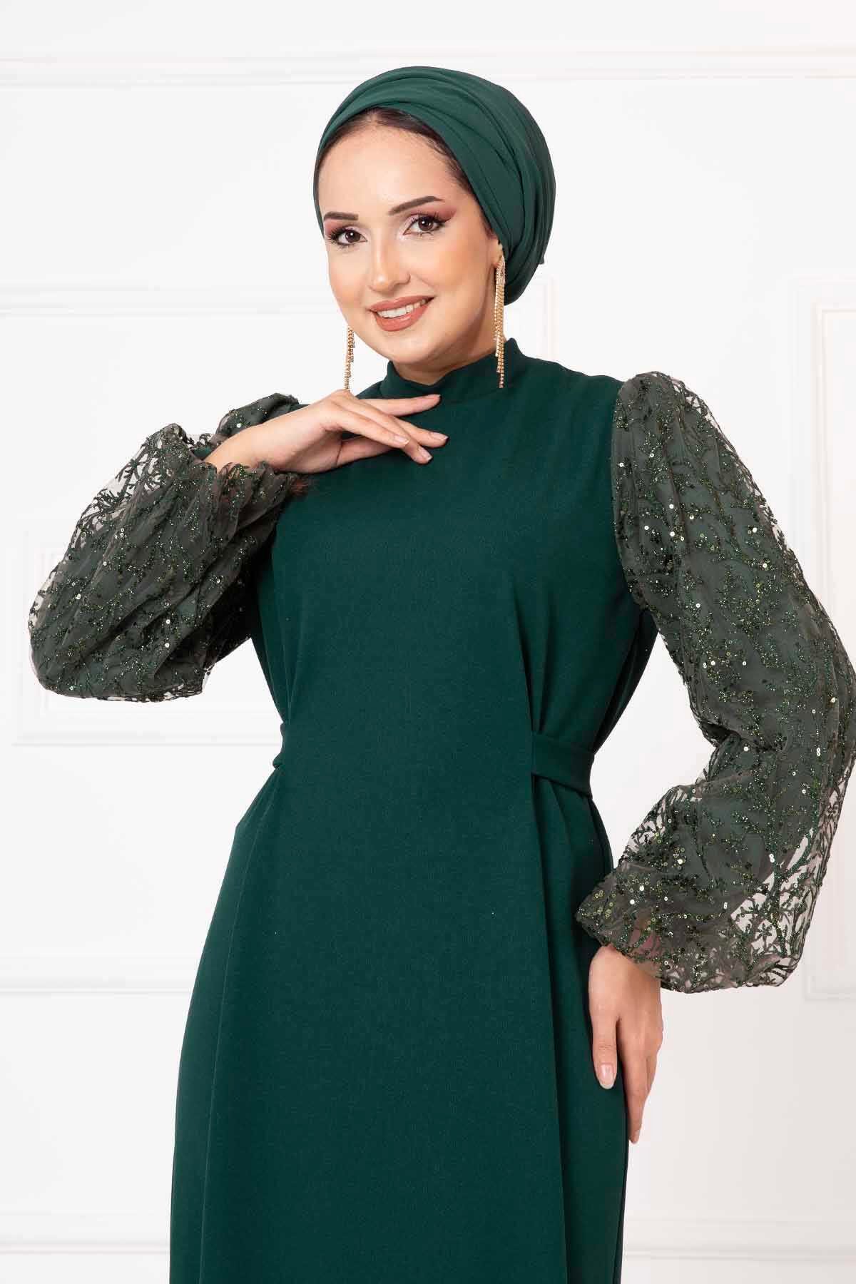 Kolları Pul Payet Beli Kemerli Krep Elbise Zümrüt