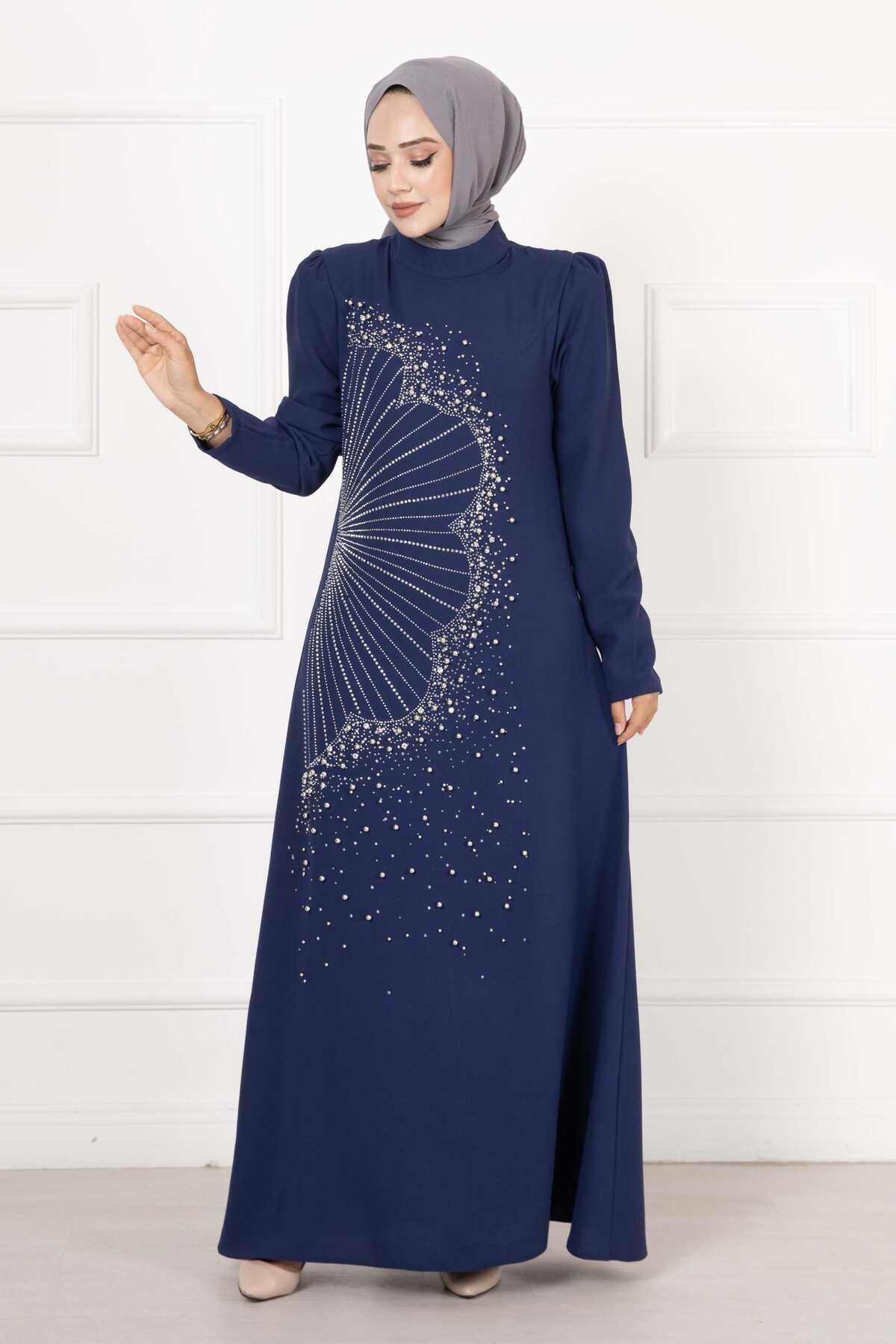 Krep Taşlı Elbise Saks