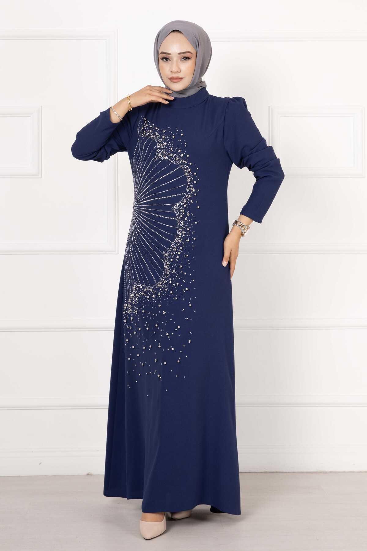 Krep Taşlı Elbise Saks