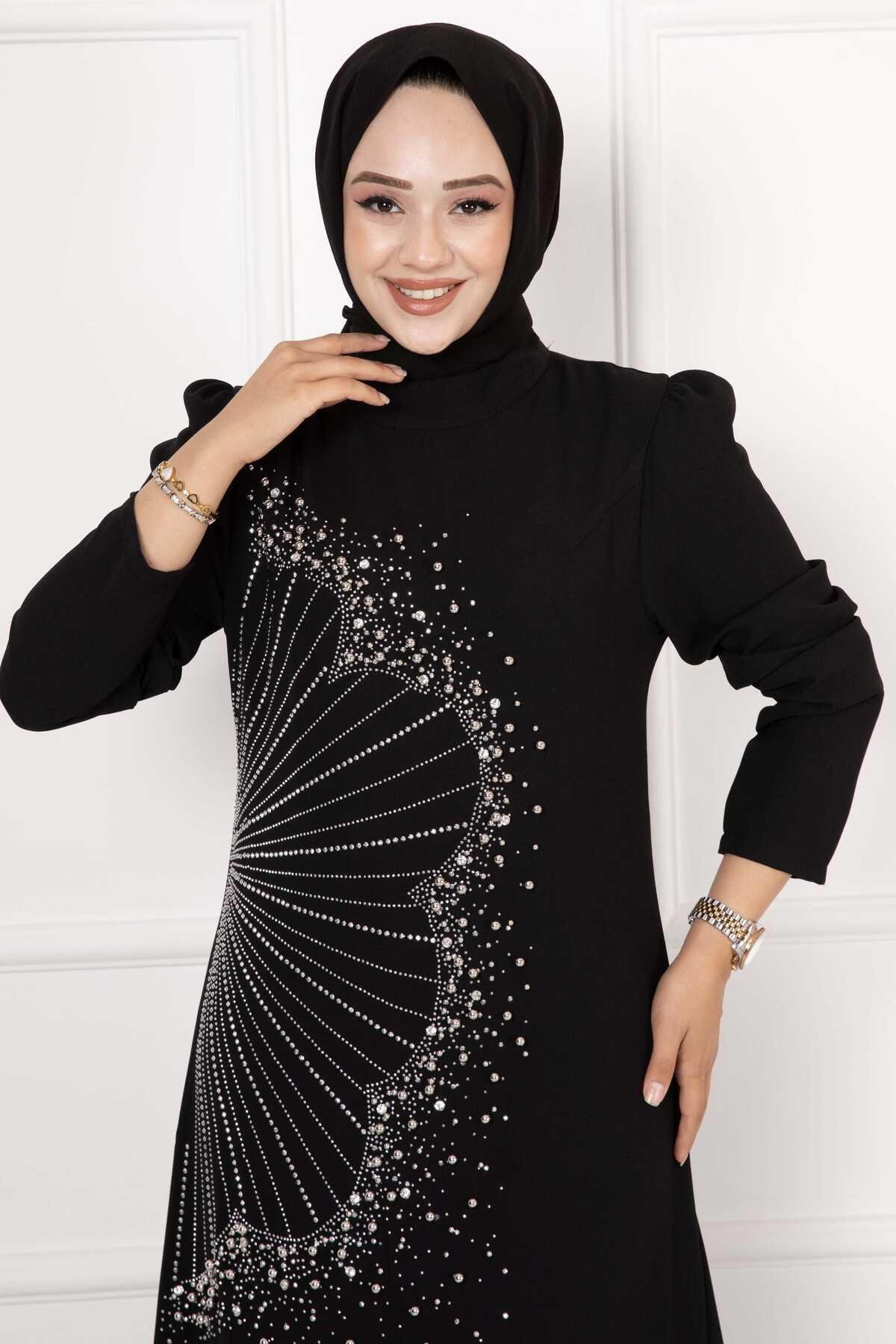Krep Taşlı Elbise Siyah