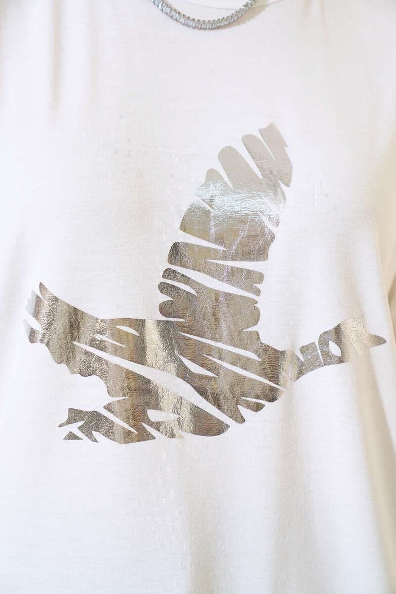 Kuş Baskılı T-Shirt Beyaz