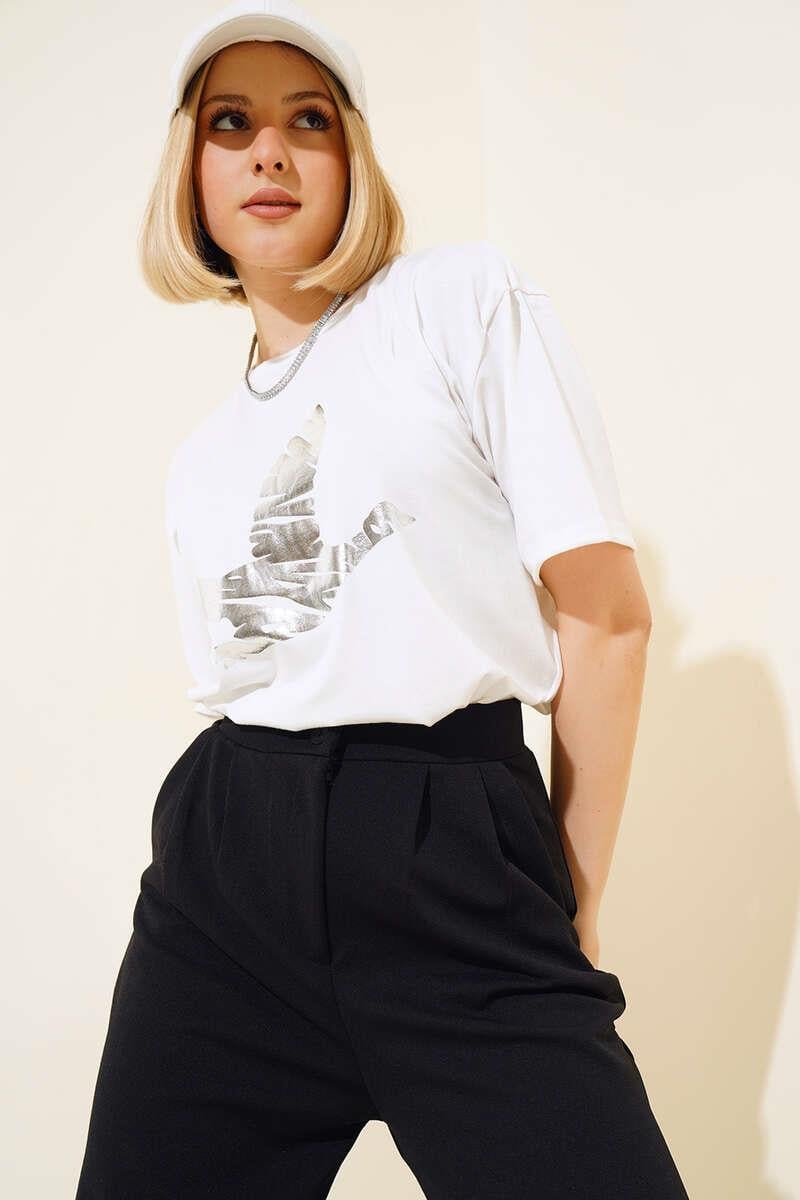 Kuş Baskılı T-Shirt Beyaz