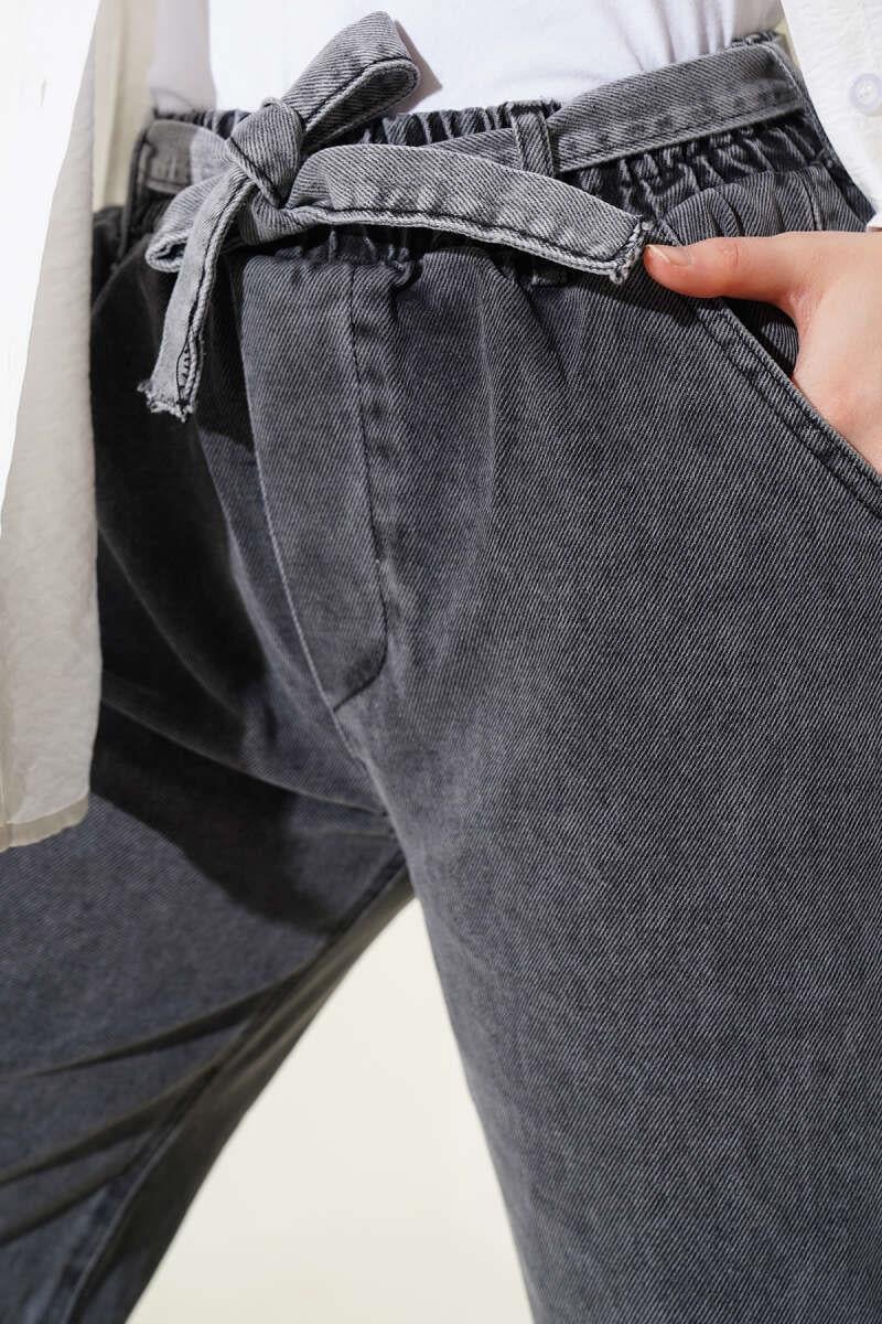 Kuşaklı Bel Lastikli Kot Pantolon Kayrak Grisi