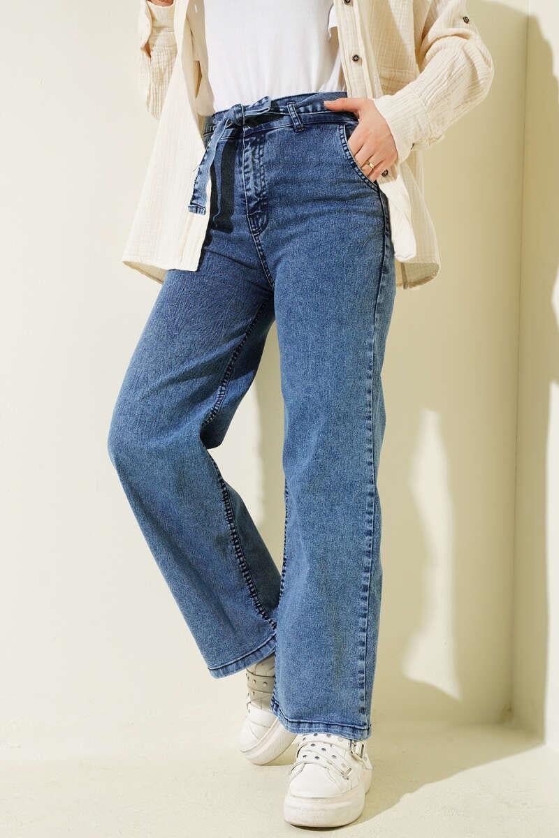 Kuşaklı Beli Lastikli Kot Pantolon Kot