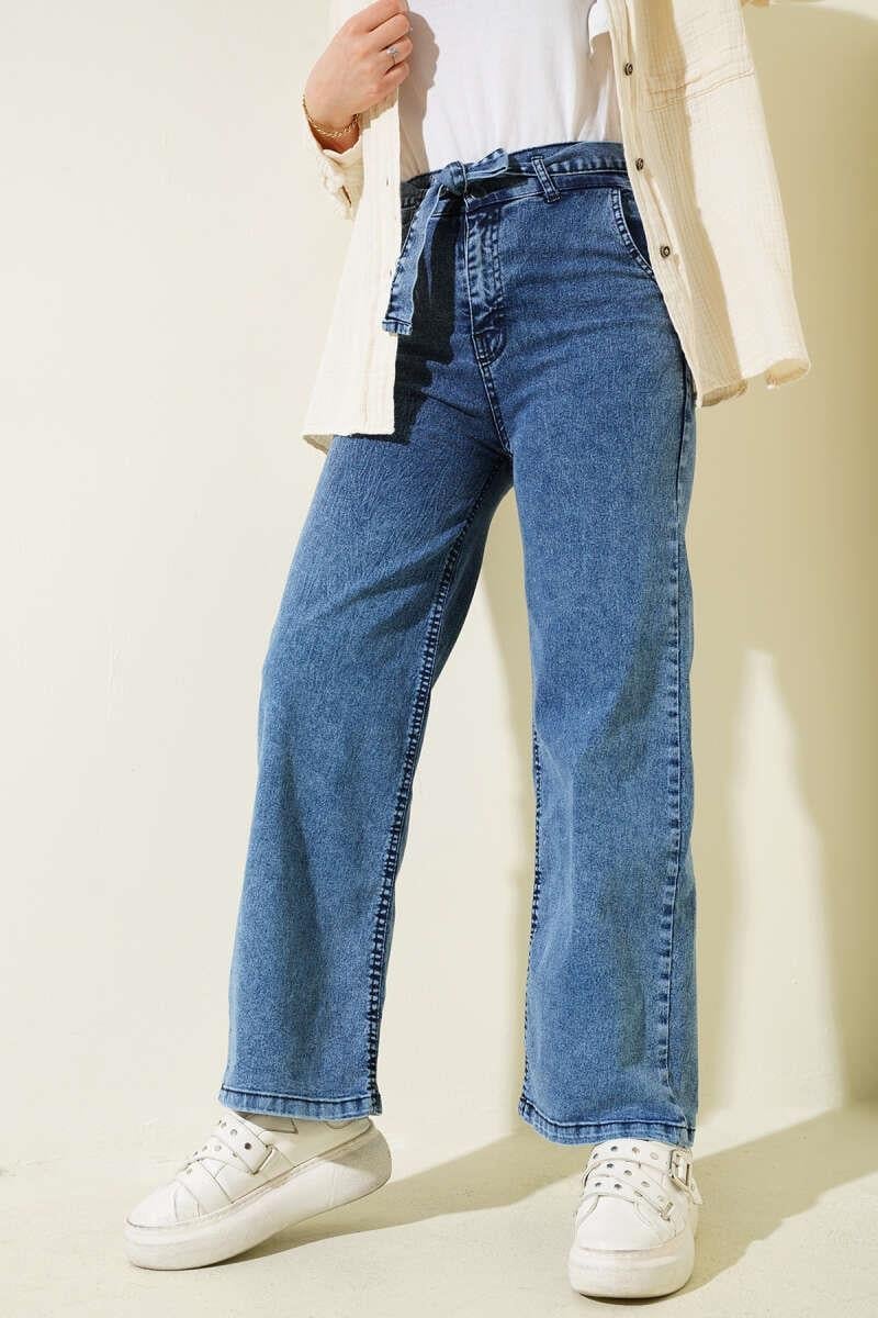 Kuşaklı Beli Lastikli Kot Pantolon Kot