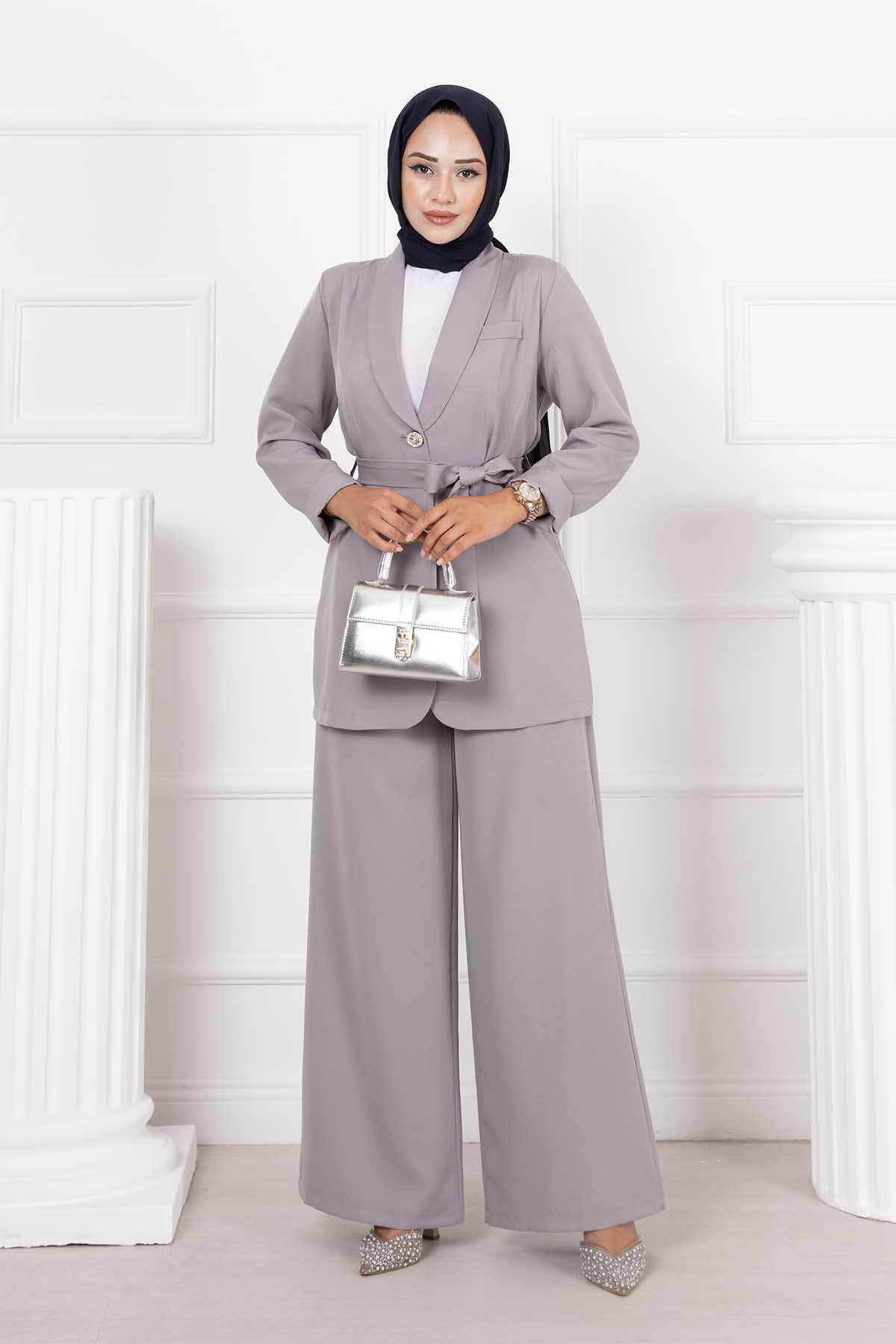 Kuşaklı Blazer Ceket Tesettür Takım Gri