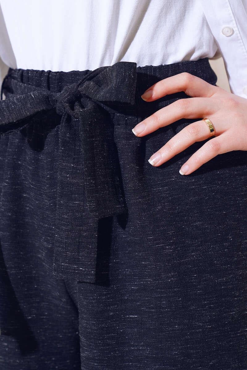 Kuşaklı Bol Paça Pantolon Siyah