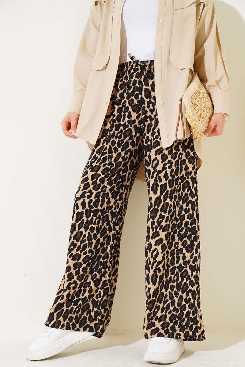 Leopar Desen Bel Lastikli Bürümcük Pantolon Latte