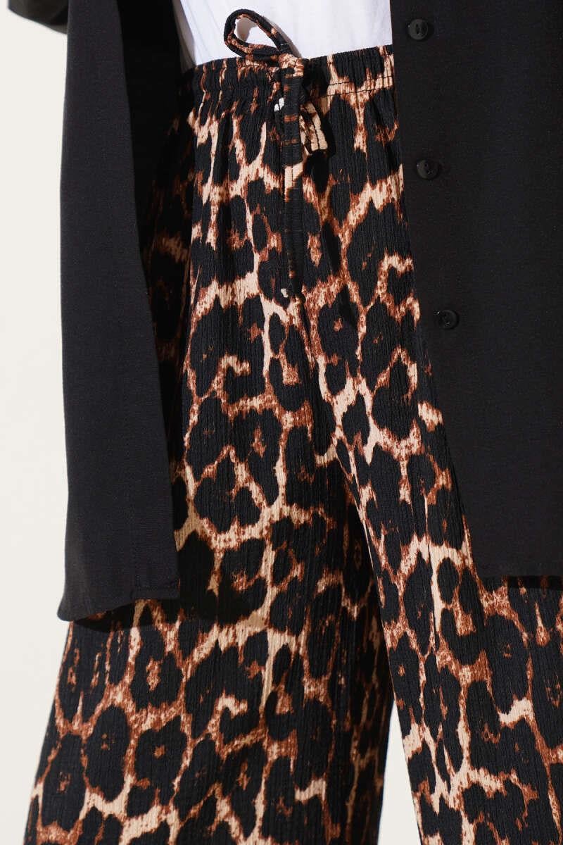 Leopar Desen Bel Lastikli Bürümcük Pantolon Kahve
