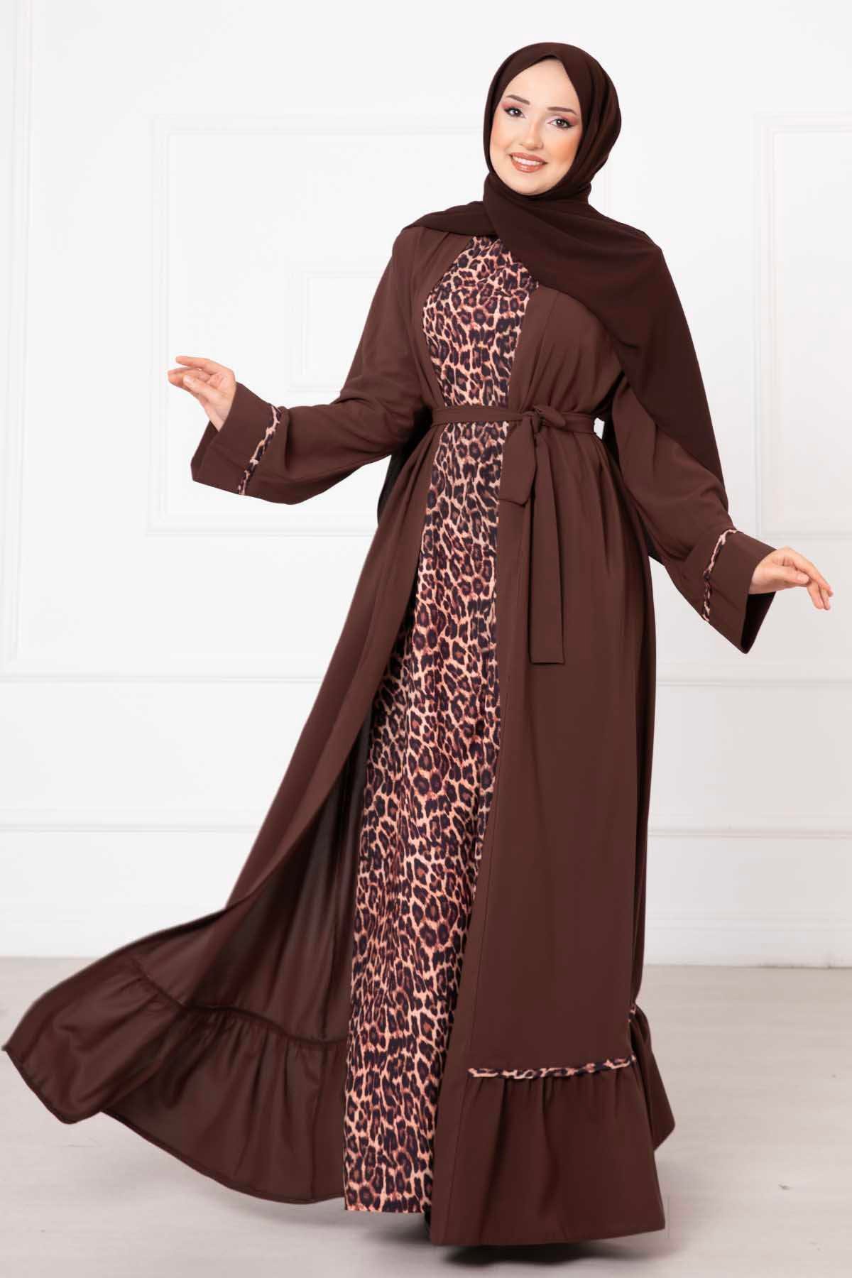 Leopar Desen İkili Abaya Takım Kahve