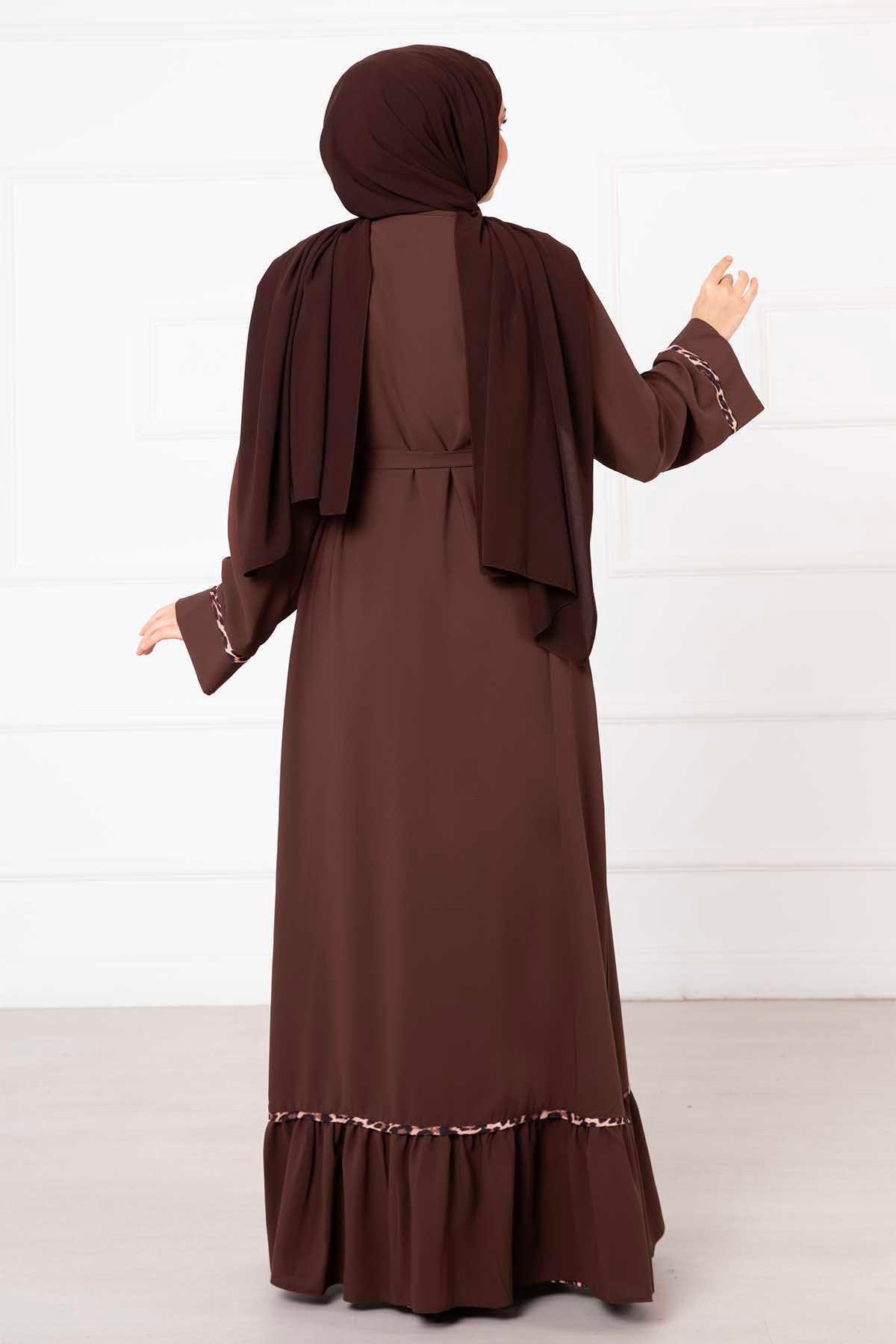 Leopar Desen İkili Abaya Takım Kahve