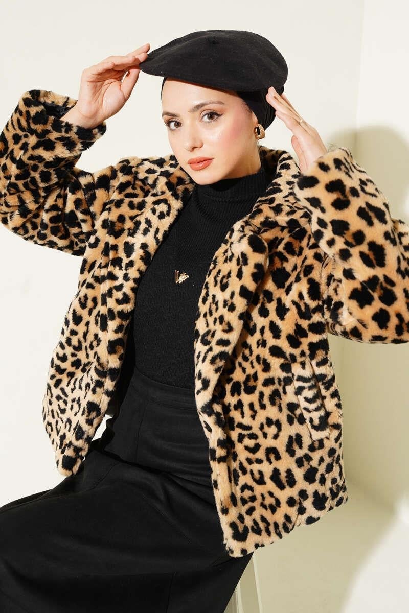 Leopar Desen Peluş Kısa Mont Leopar
