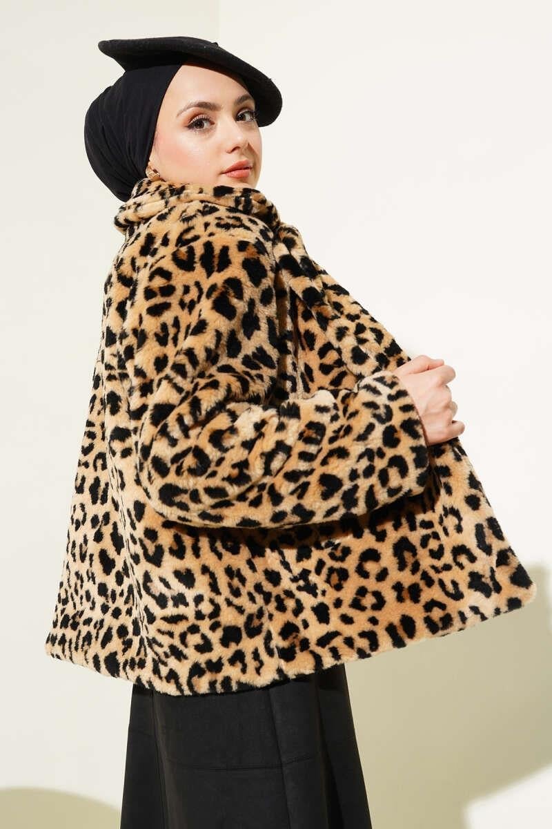 Leopar Desen Peluş Kısa Mont Leopar