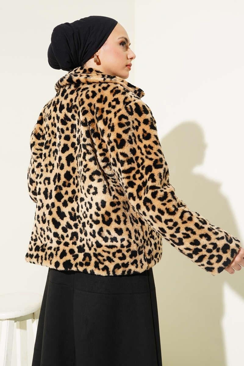 Leopar Desen Peluş Kısa Mont Leopar