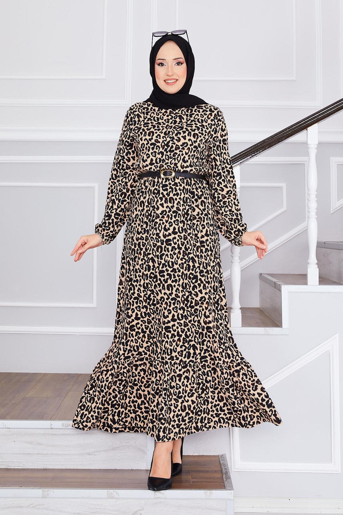 Leopar Desenli Bürümcük Tesettür Elbise -3